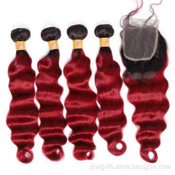 10A Mink Virgin 1b/Burgundy# Loose Deep Wave Ombre Bulk Hair, Virgin Indian Hair Bundles, Ombre Human Hair Bundles with Closure